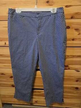 COLDWATER CREEK NATURAL FIT Cropped Navy & White Geometric Print Pants. Sz 10.